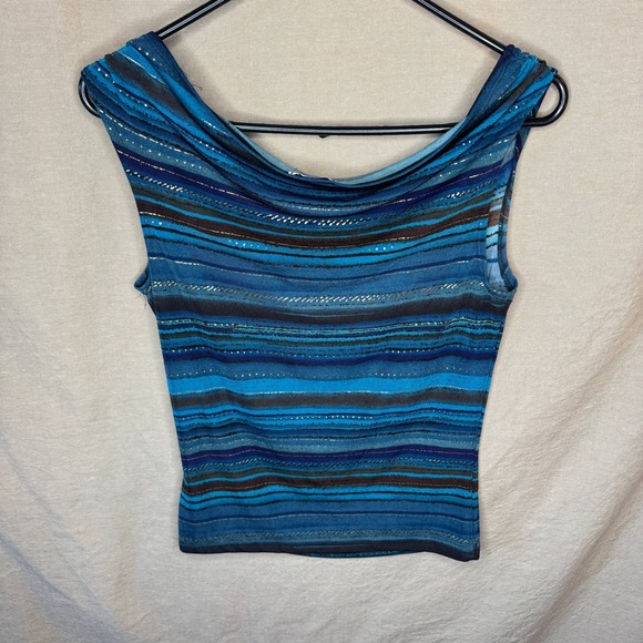 Y2K Blue Striped CowlNeck Sleeveless Going Out Top Off The Shoulder Party Tank - Picture 2 of 6